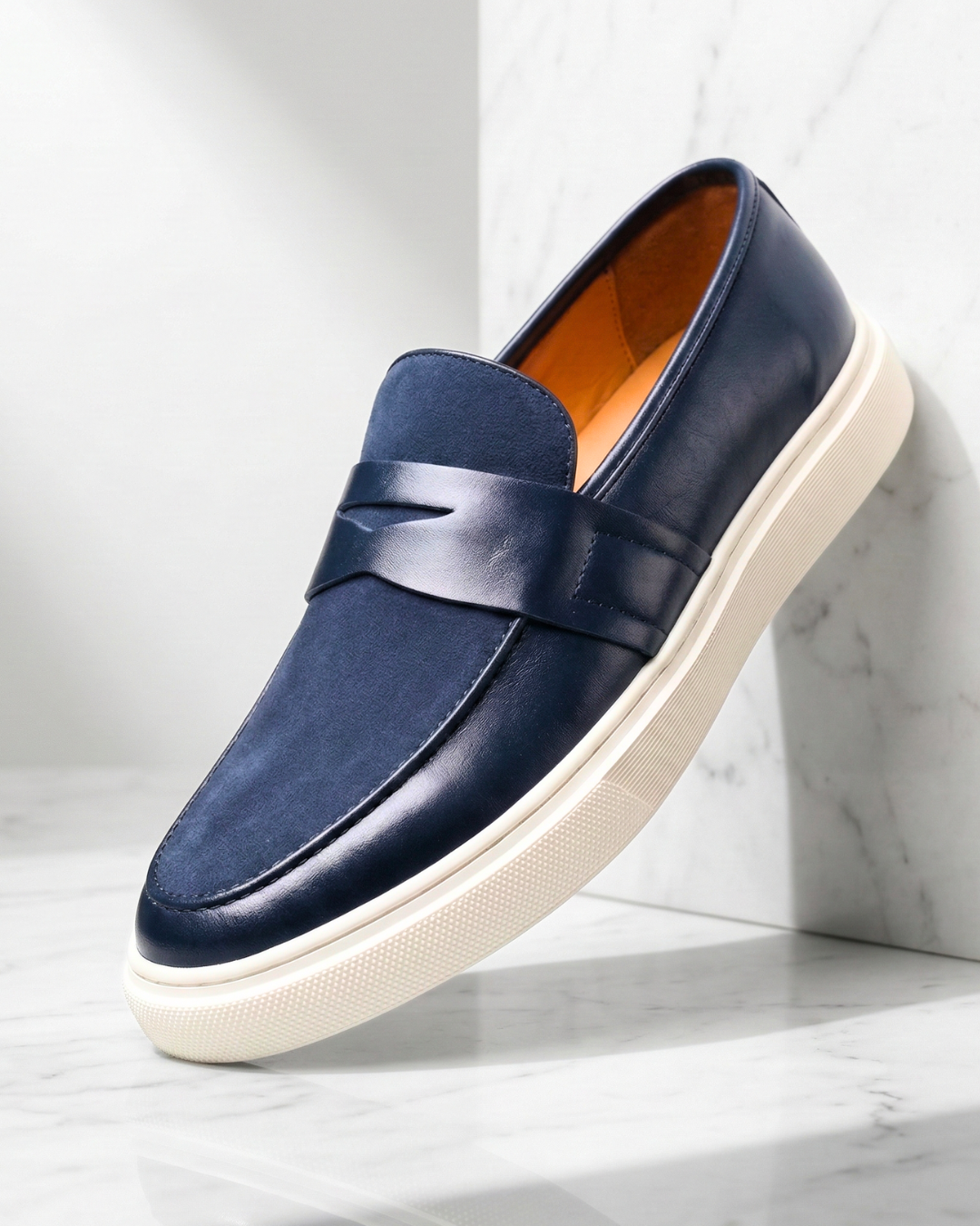 Men's penny strap slip-on loafer with almond toe and textured sole
