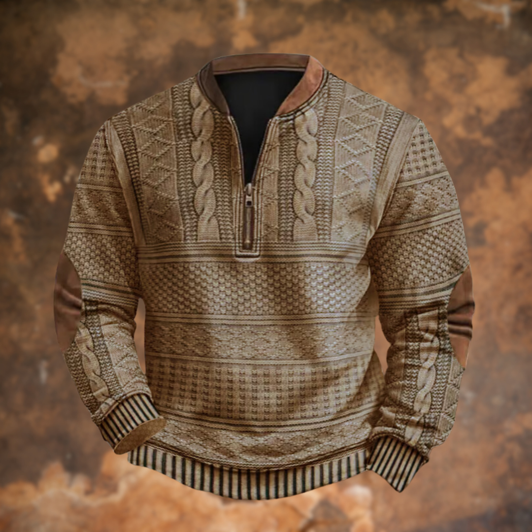 Men's patterned quarter-zip jumper with stand collar and ribbed trims