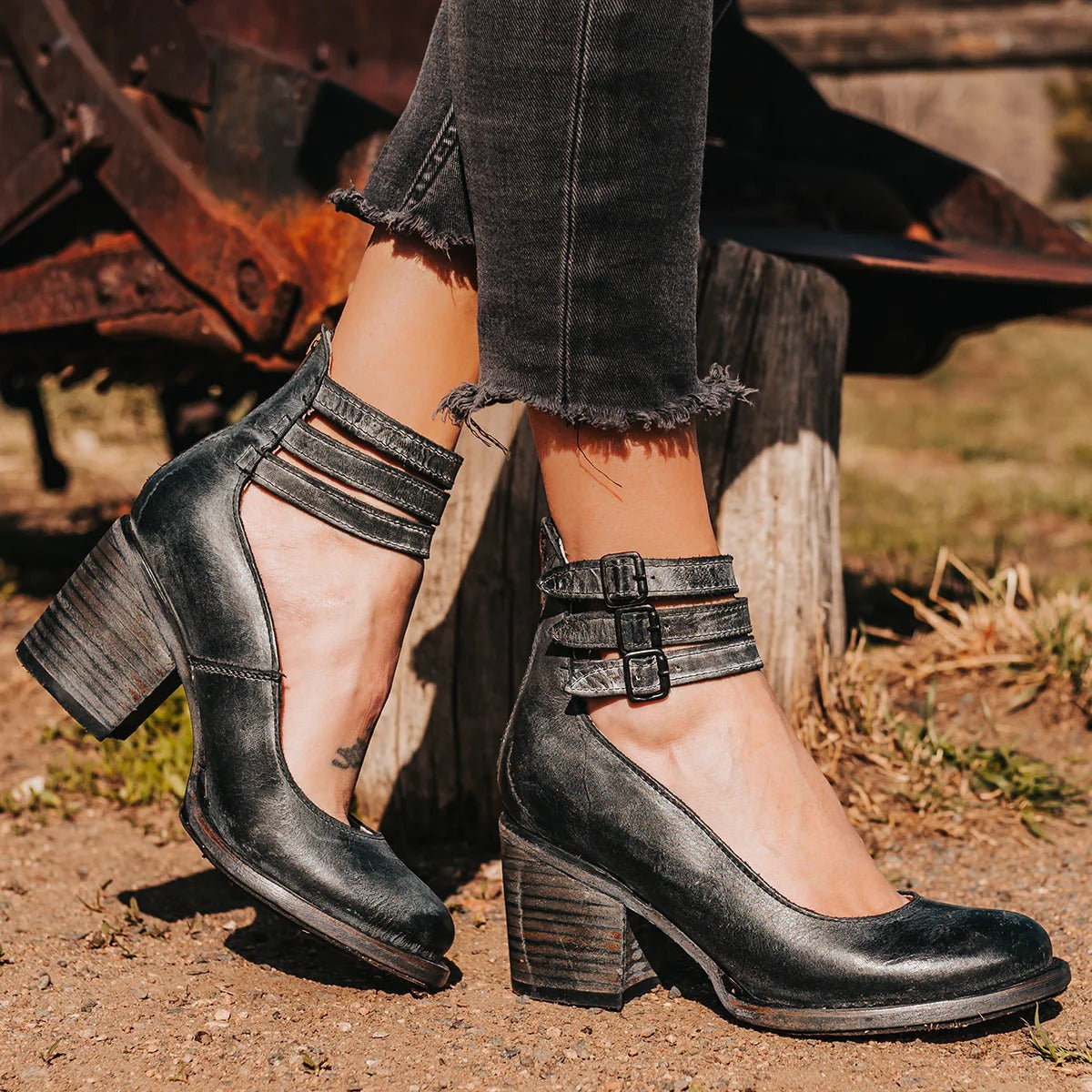 Women's closed-toe block heel shoes with multiple buckle ankle straps