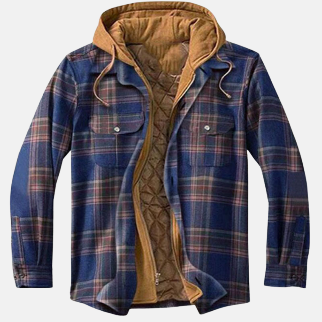 Men's checked hooded jacket with long sleeves, zip front and chest pockets
