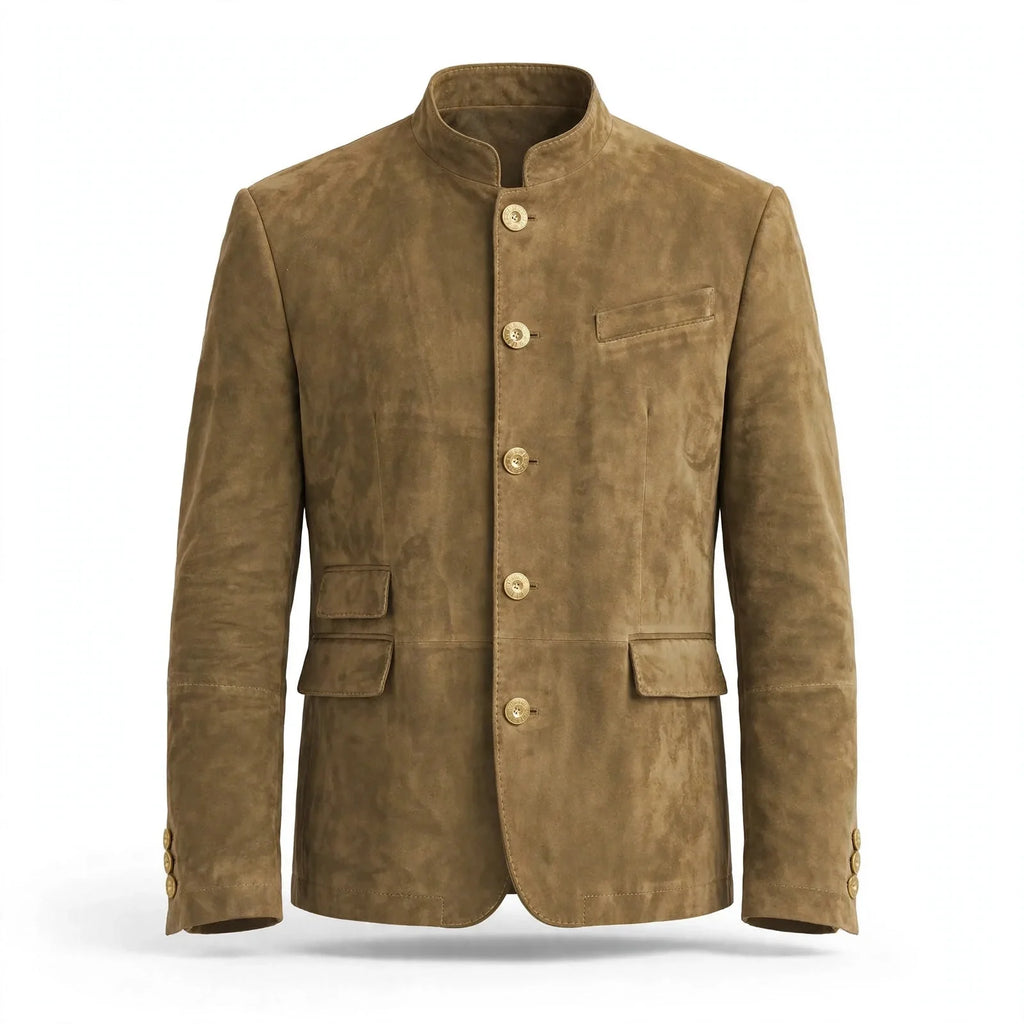 Men's stand-up collar button jacket with chest and patch pockets