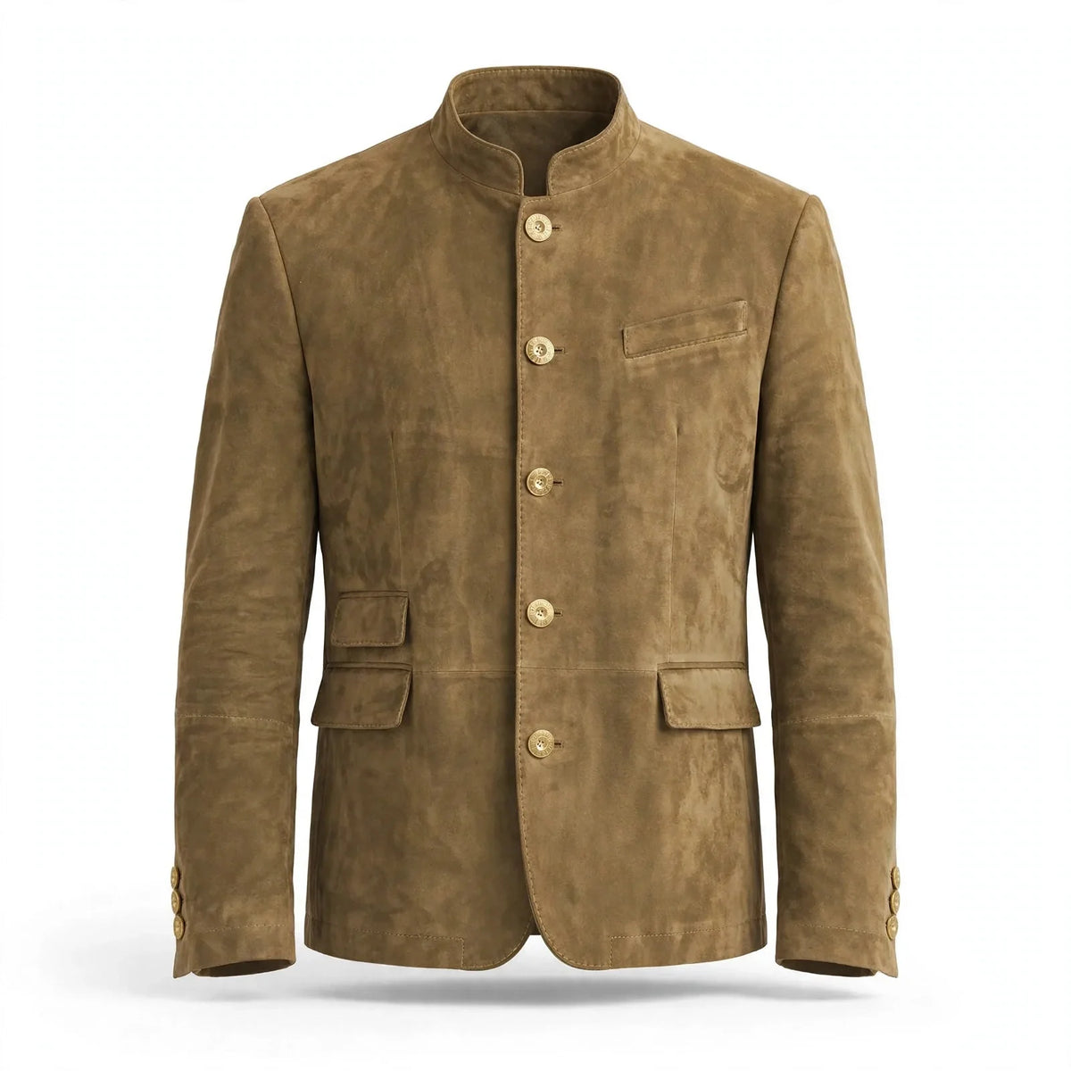 Men's stand-up collar button jacket with chest and patch pockets