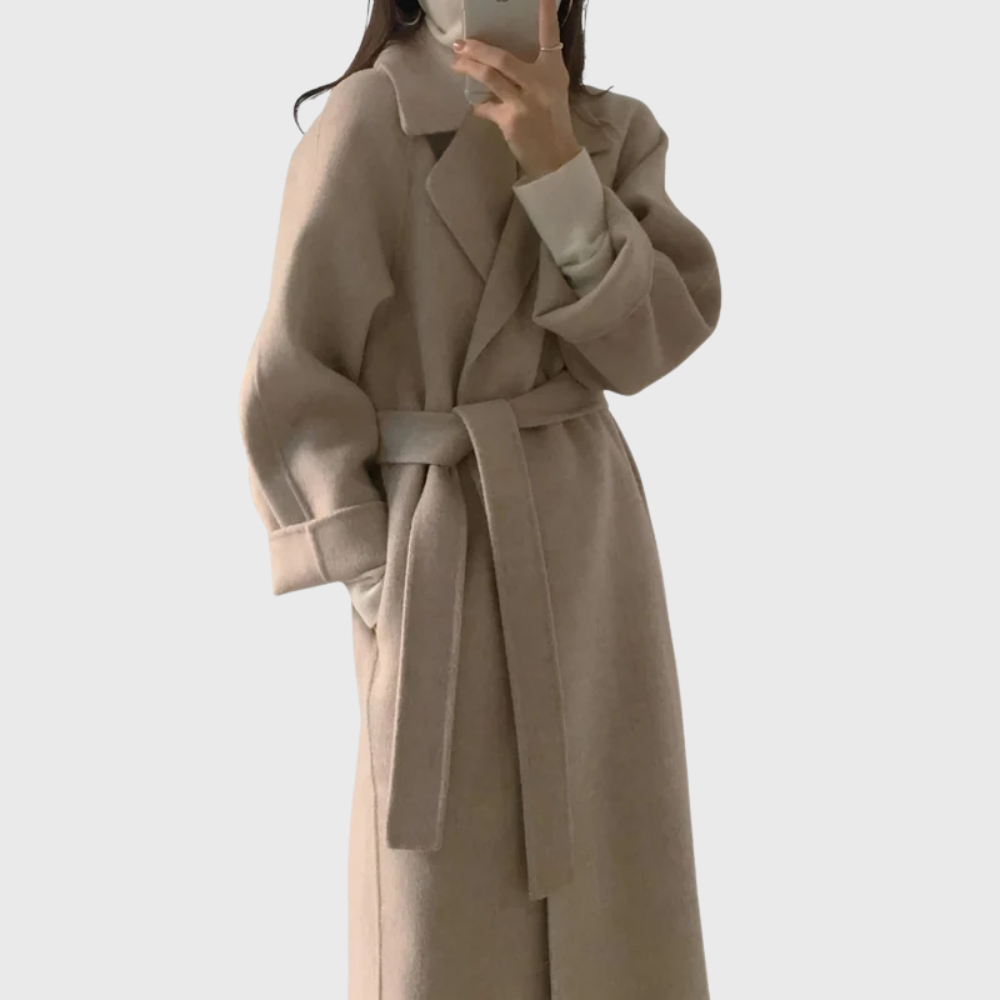 Women's long wrap coat with wide lapels and tie belt