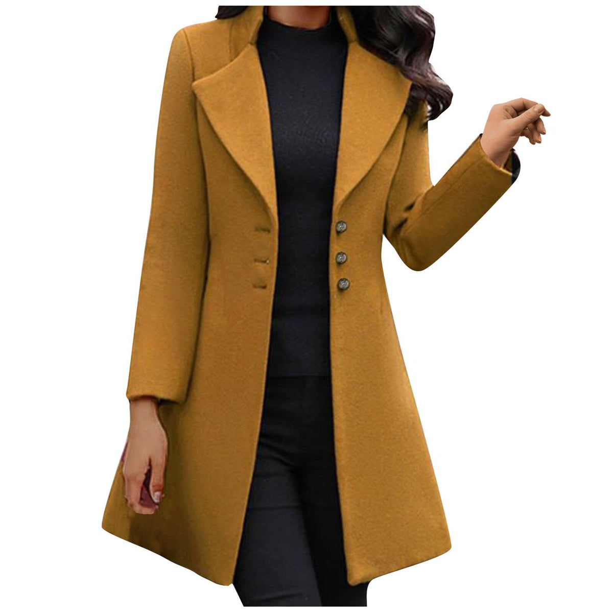 Women's long tailored coat with notched lapels and button front