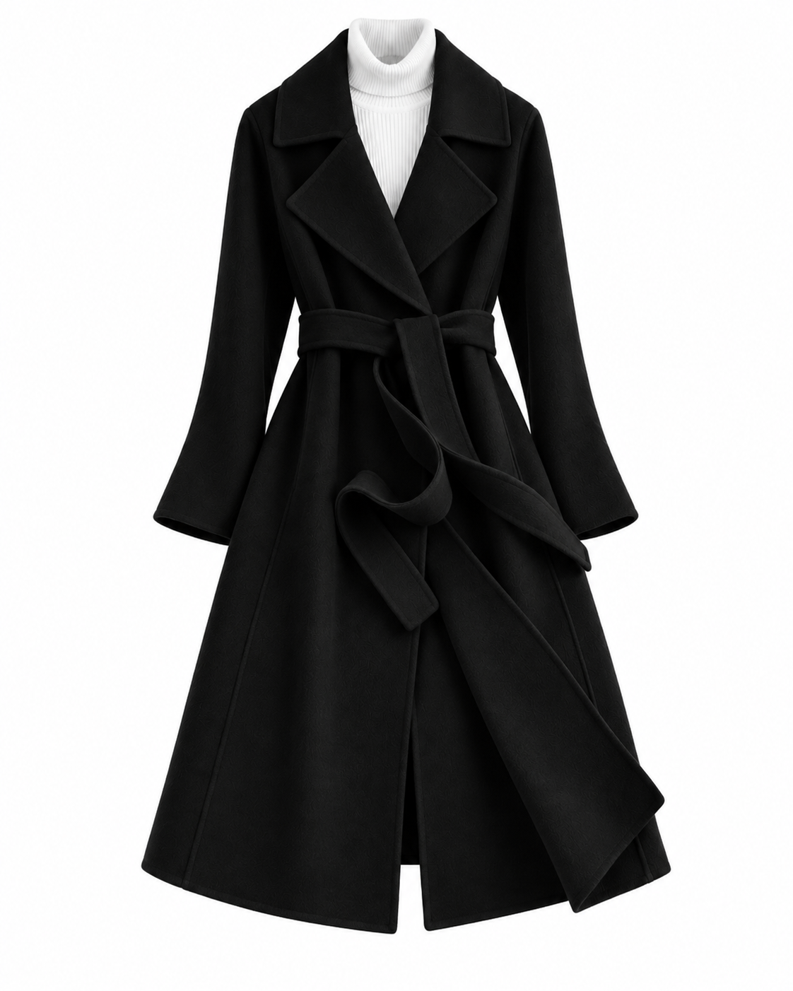 Women's long belted wrap coat with wide notched lapels
