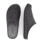 Grey closed-toe house slippers with textured uppers and black flat soles