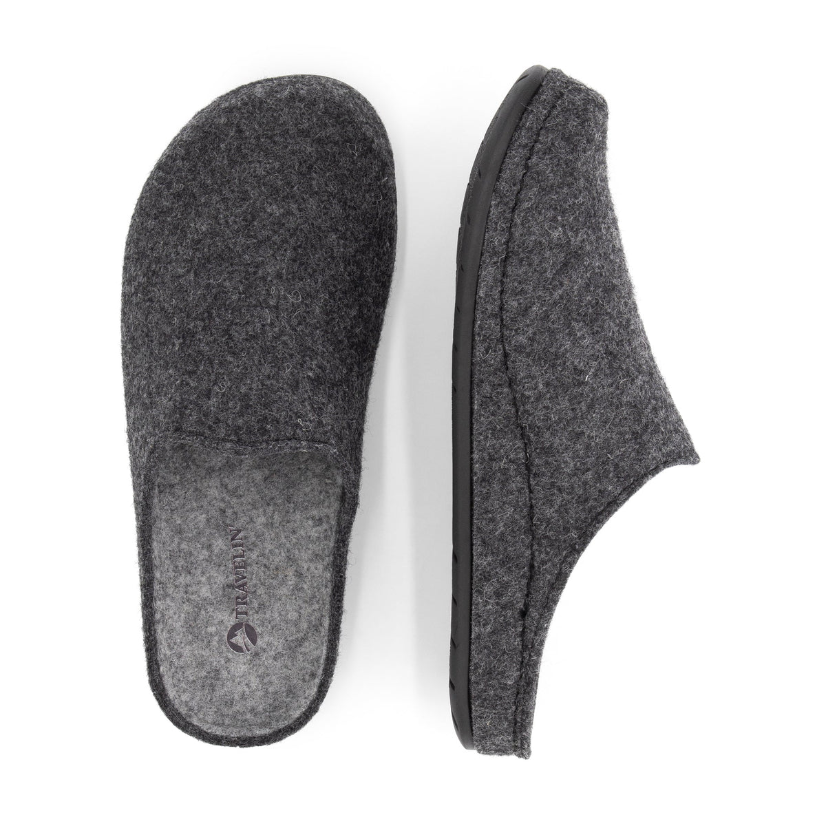 Grey closed-toe house slippers with textured uppers and black flat soles