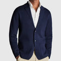 Men's plain knitted blazer cardigan with notched lapels, long sleeves and front patch pockets