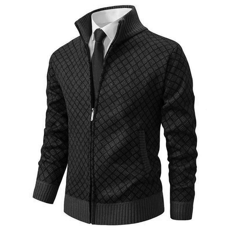 Men's geometric diamond-pattern zip-up jumper with mock neck collar and long sleeves