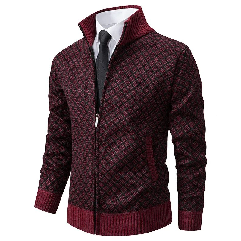 Men's geometric diamond-pattern zip-up jumper with mock neck collar and long sleeves
