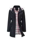 Women's long hooded trench coat with contrasting checked plaid lining