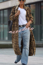 Women's longline leopard print coat with lapels and long sleeves