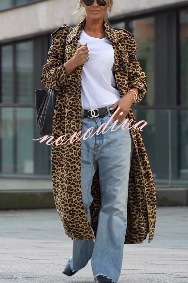 Women's longline leopard print coat with lapels and long sleeves