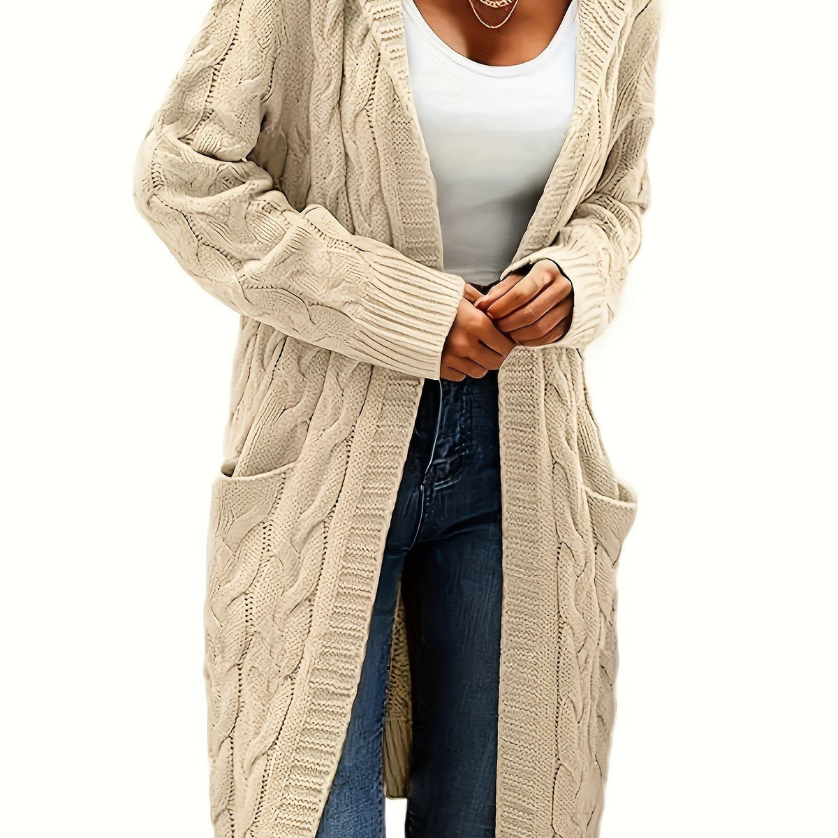 Women's long textured knit cardigan with open front, long sleeves and front pockets
