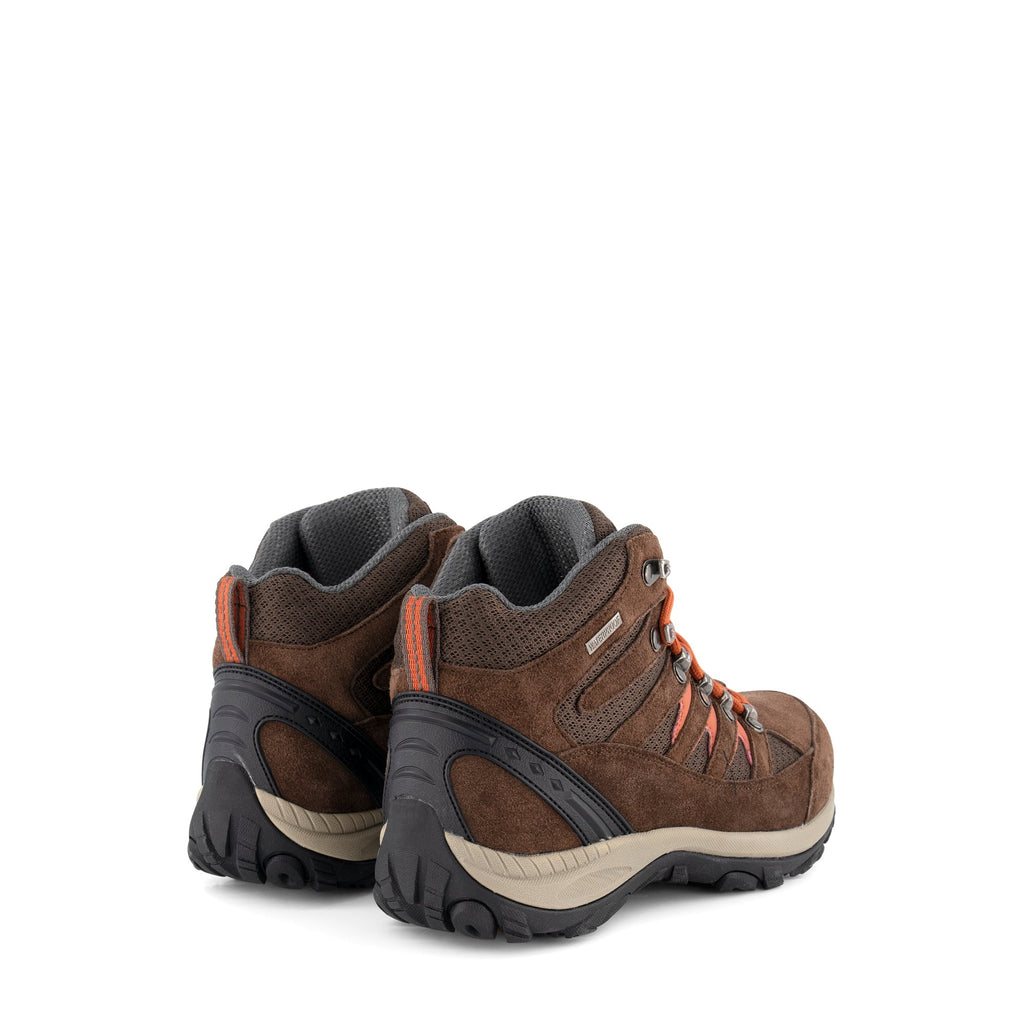 Brown lace-up hiking boots with orange laces and rugged black soles