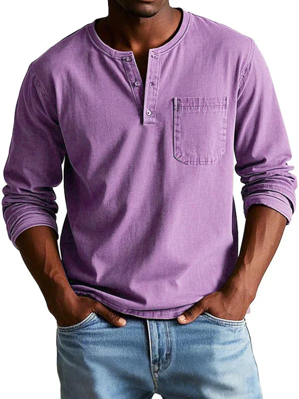 Men's long-sleeve Henley shirt with button placket and chest pocket