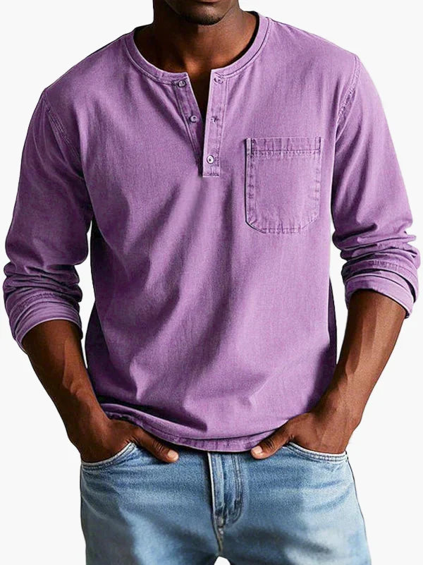 Men's long sleeve Henley shirt with round neck, button placket and chest pocket