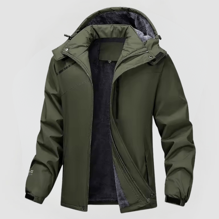 Men's hooded winter jacket with full-zip front and long sleeves