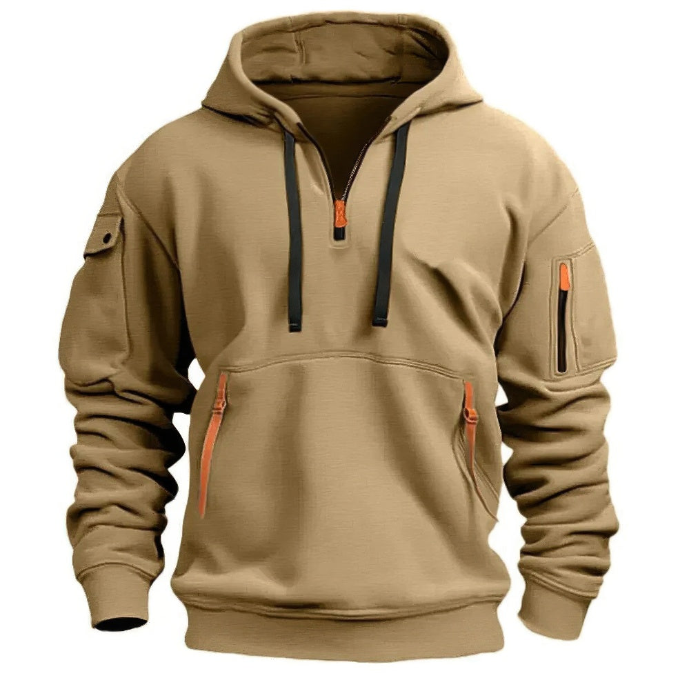 Men's hooded pullover hoodie with long sleeves, zip pockets and ribbed trims
