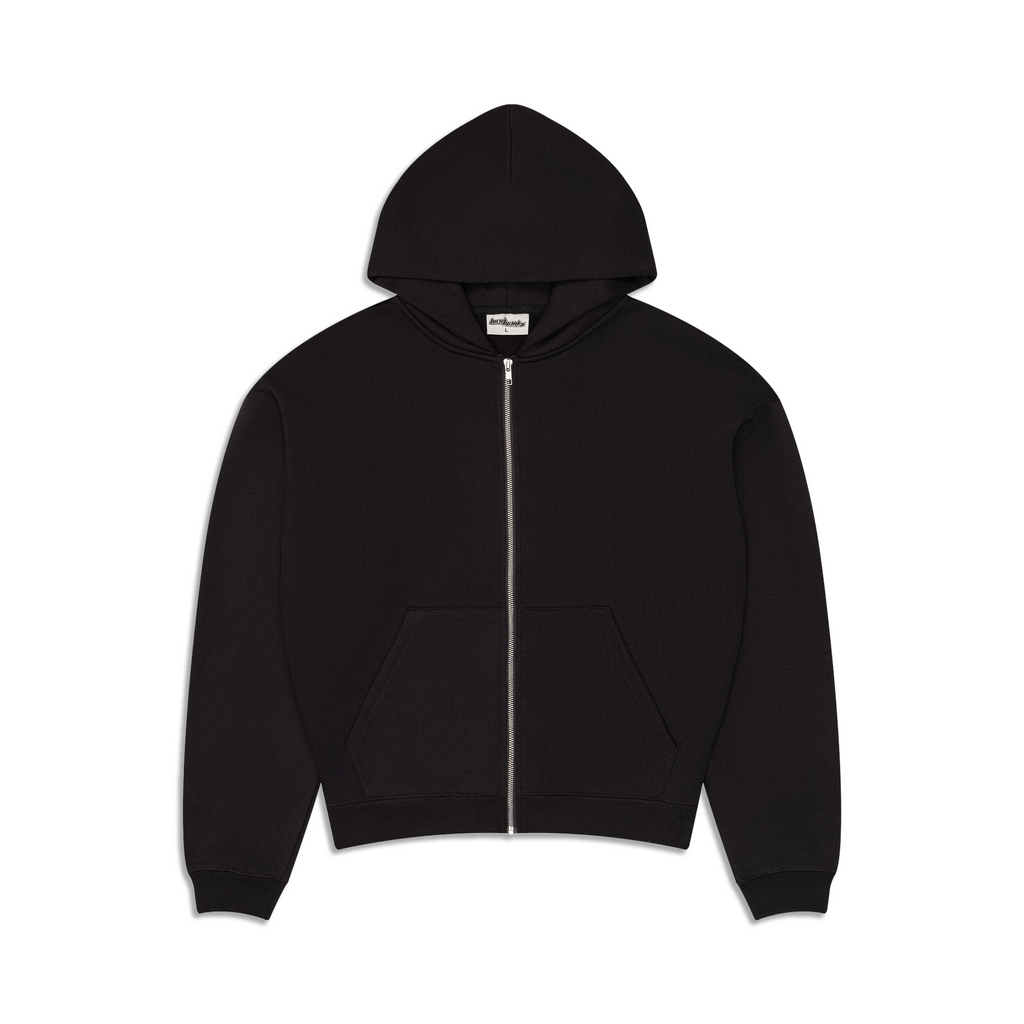 Men's black zip-up hoodie with hood, long sleeves and front kangaroo pocket