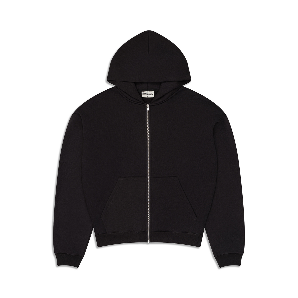 Men's black zip-up hoodie with hood, long sleeves and front kangaroo pocket