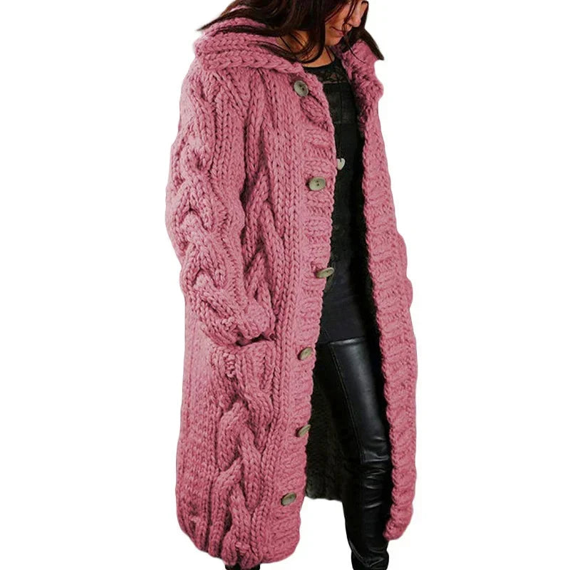 Women's longline cable knit hooded cardigan with button front
