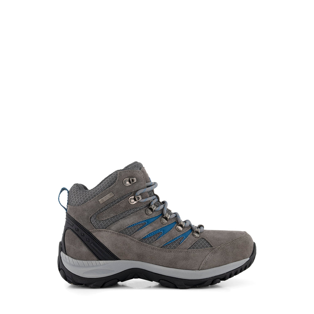 Grey lace-up hiking boots with blue details and textured soles