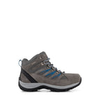 Grey lace-up hiking boots with blue details and textured soles