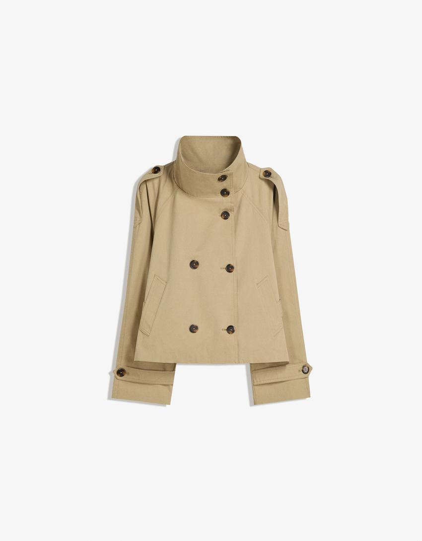 Women's cropped trench jacket with high collar, buttons, belt and shoulder tabs