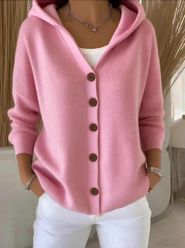 Women's hooded button-front cardigan with long sleeves