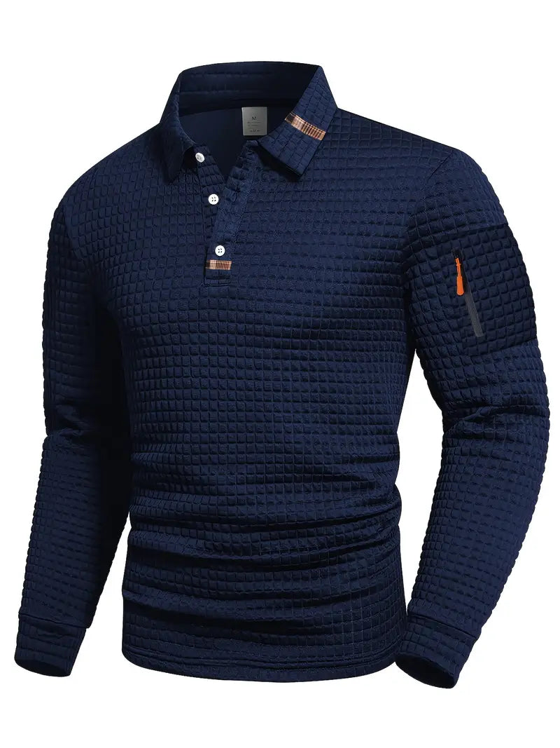 Men's textured long-sleeve polo sweater with button placket and sleeve zip pocket