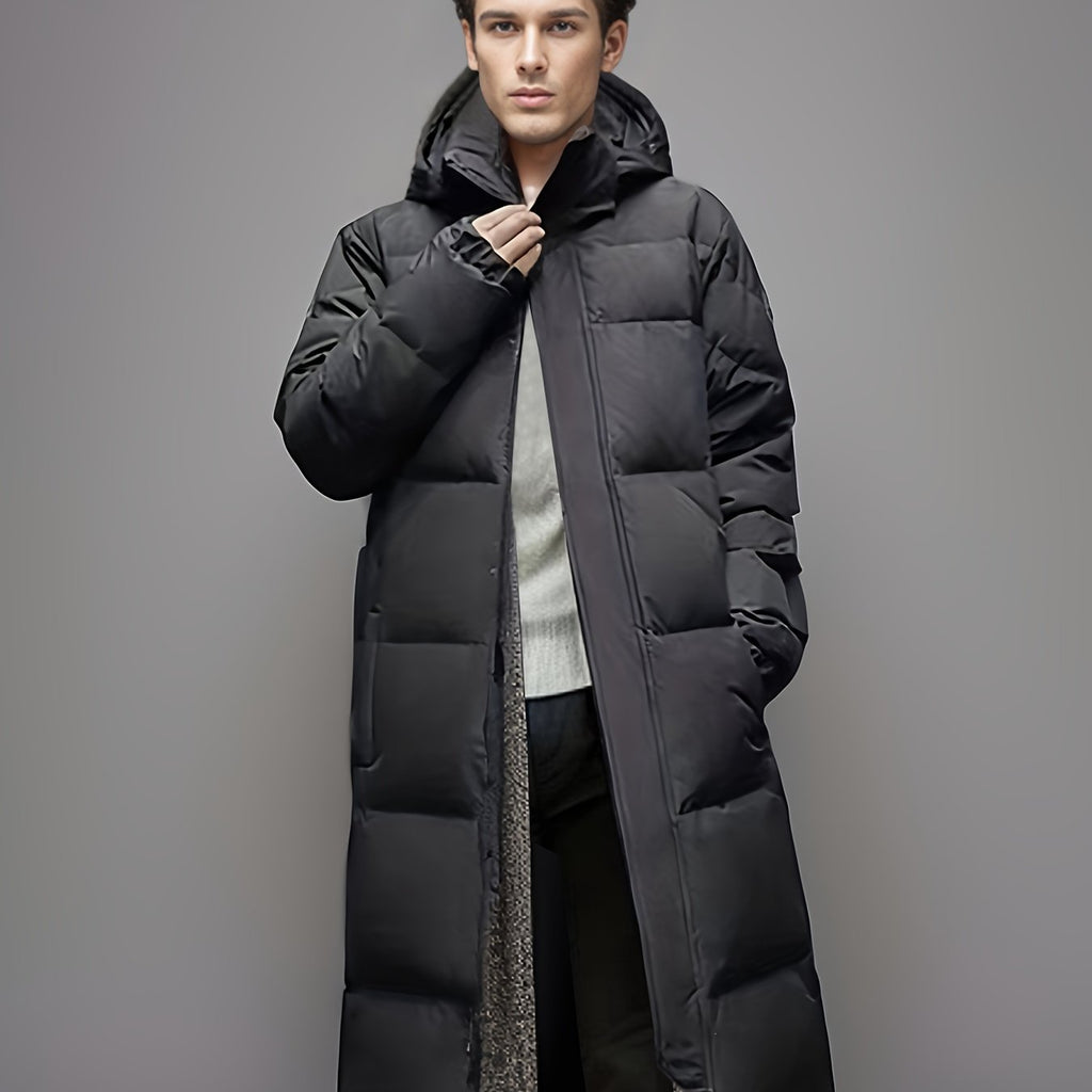 Men's black long hooded puffer coat with quilted panels and front pockets