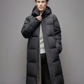 Men's black long hooded puffer coat with quilted panels and front pockets