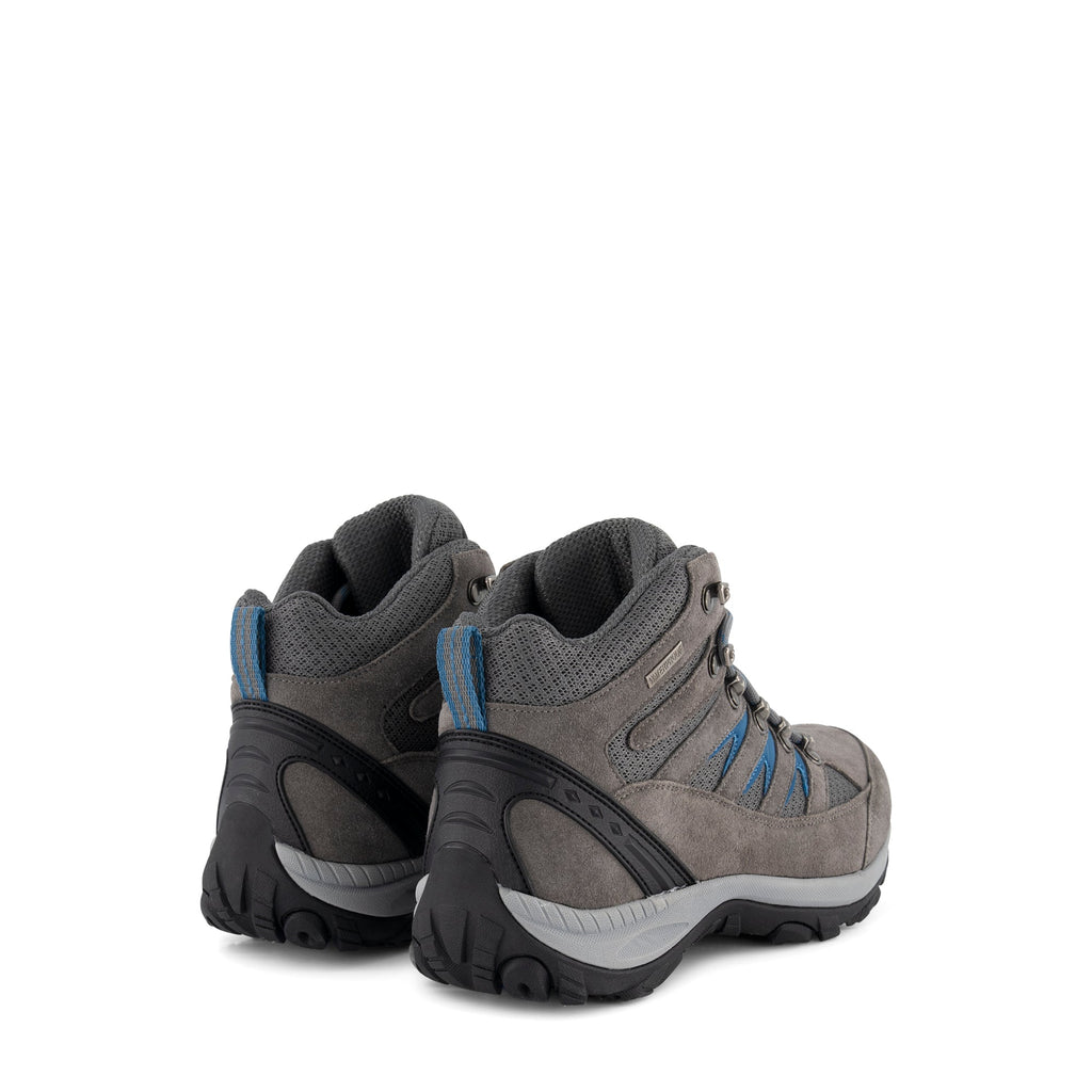 Grey lace-up hiking boots with blue details and textured soles