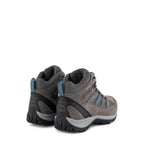 Grey lace-up hiking boots with blue details and textured soles