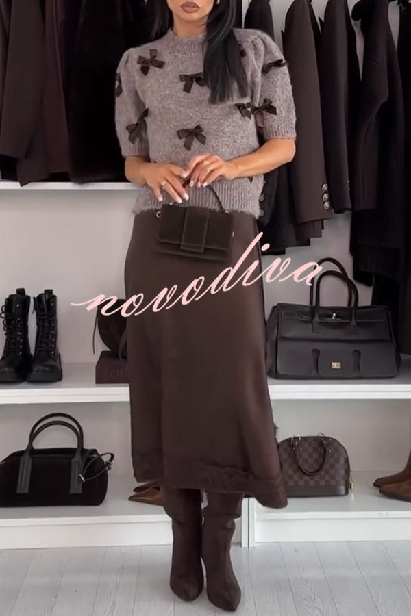 Women's taupe knitted crop top with dark bow details and short sleeves