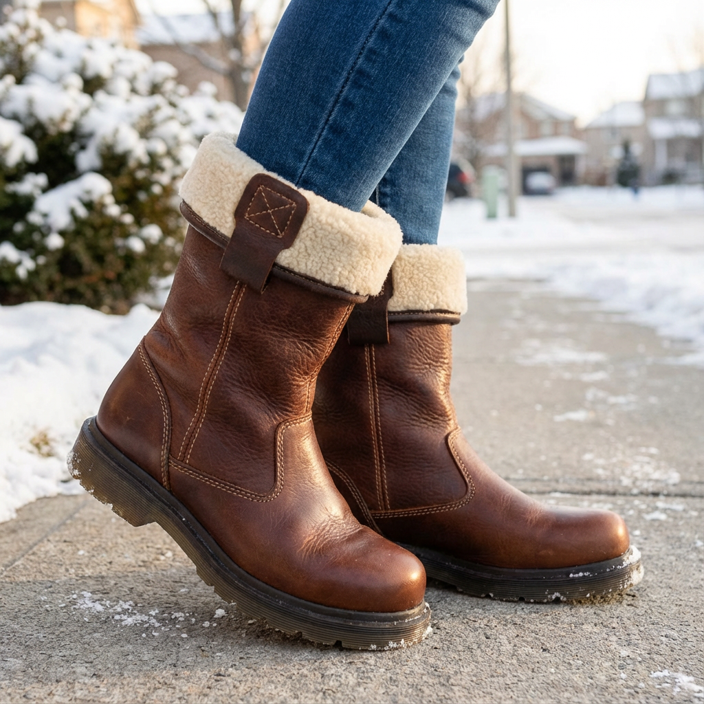 Brown ankle boots with cream fur-style cuffs, buckle trim and lugged soles