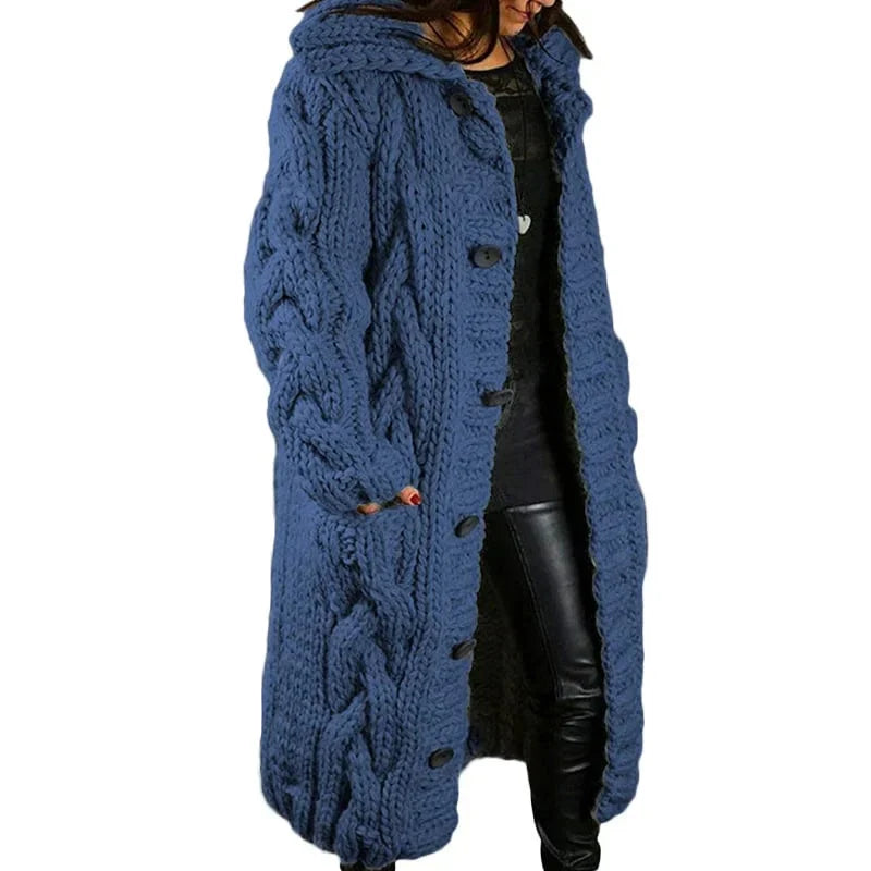 Women's longline cable knit hooded cardigan with button front