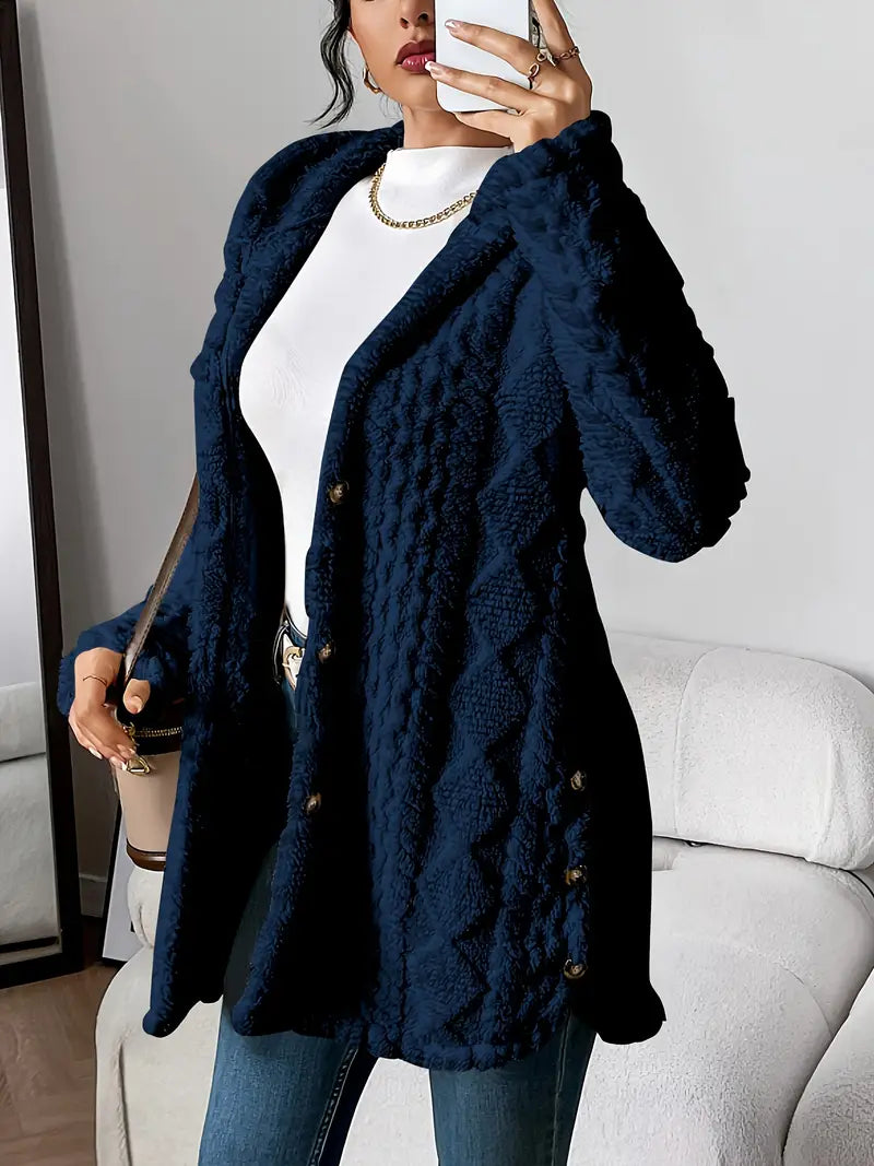 Women's hooded textured cardigan with long sleeves, button front and side pockets