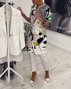 Women's grey long blouse with illustrated character print and button front