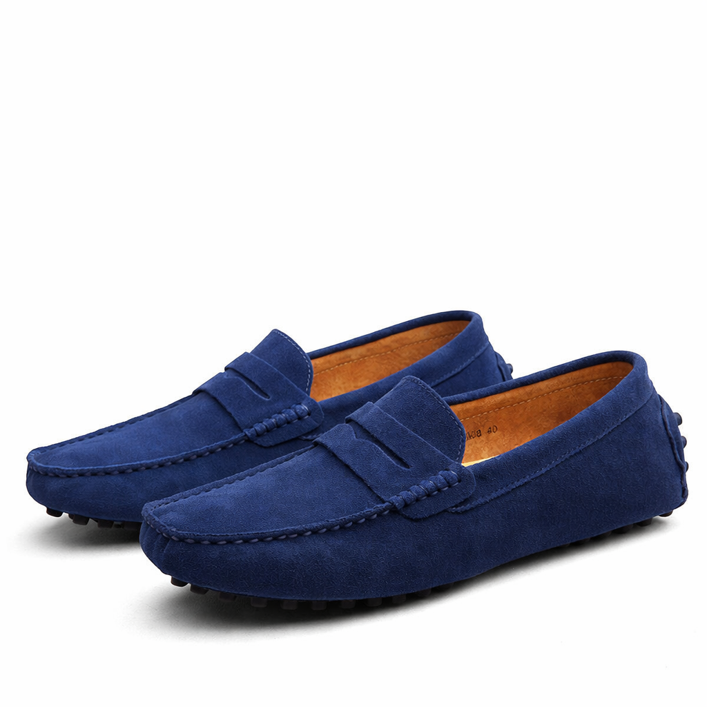 Men's slip-on penny loafers with moc toe stitching and flat treaded soles