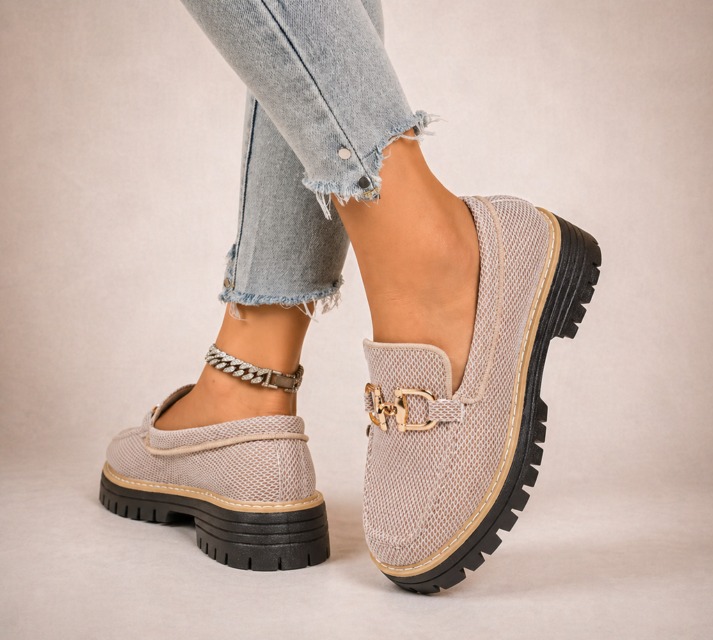 Women's beige mesh loafers with gold-tone horsebit trim and chunky black soles
