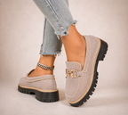 Women's beige mesh loafers with gold-tone horsebit trim and chunky black soles