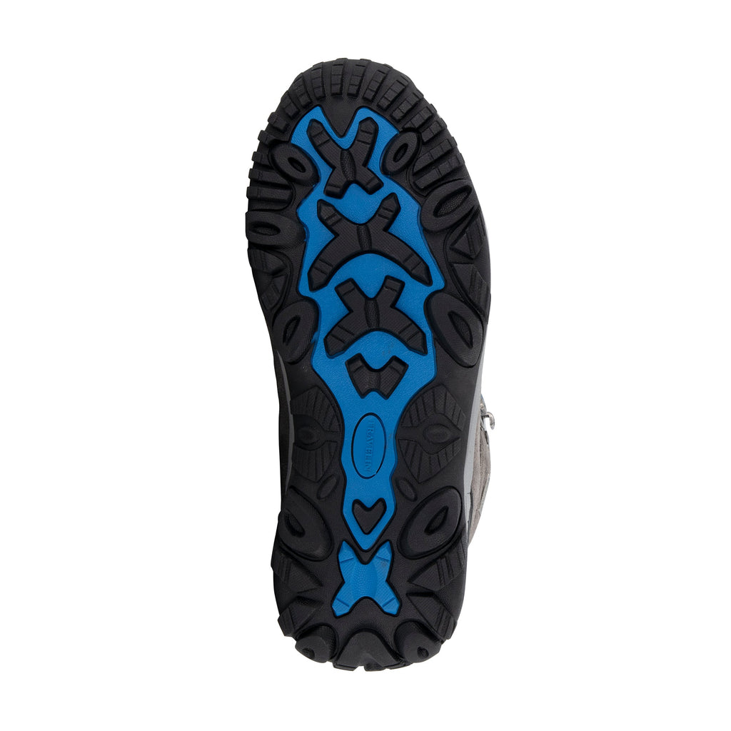 Grey lace-up hiking boots with blue details and textured soles