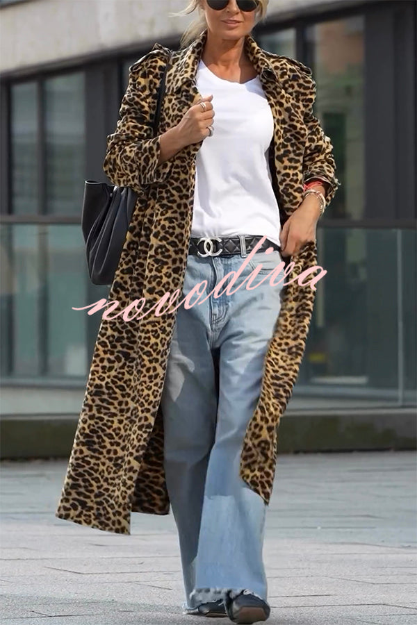 Women's longline leopard print coat with lapels and long sleeves
