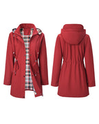 Women's long hooded trench coat with contrasting checked plaid lining