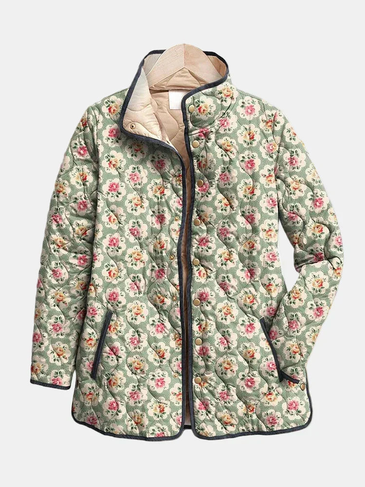 Women's multicoloured floral quilted jacket with high collar and button front
