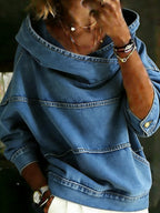 Women's blue hooded sweatshirt with long sleeves, contrast seams and front pouch pocket