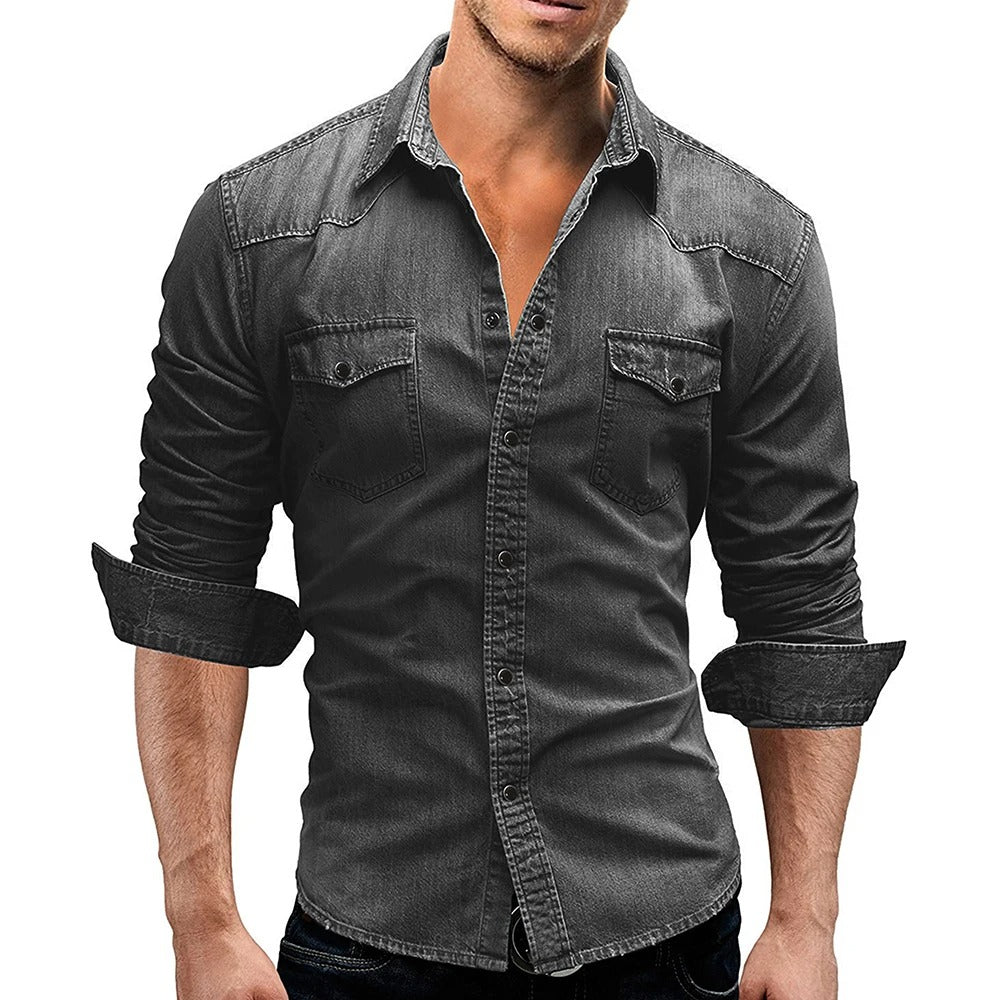 Men's long-sleeve button-front shirt with two flap chest pockets