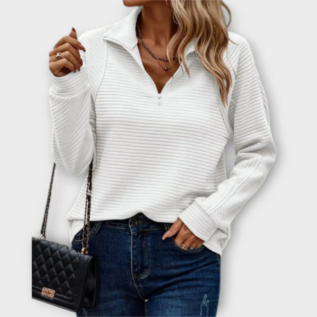Women's ribbed half-zip pullover with mock neck and long sleeves